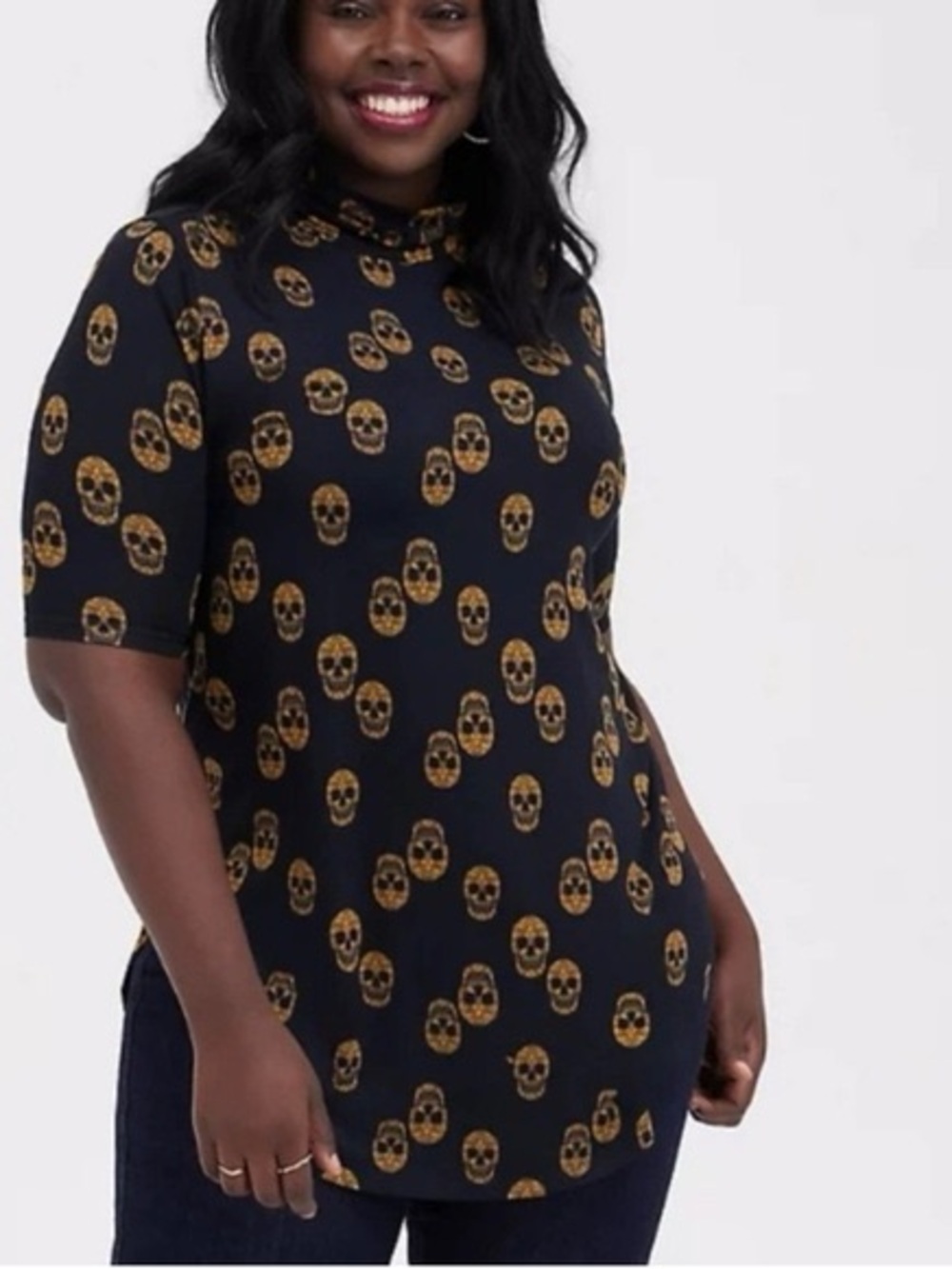 torrid Black Short Sleeve Mock Neck Top with Gold Skull Allover